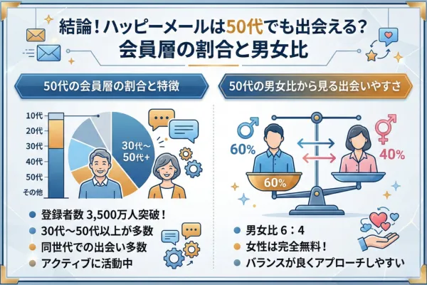 結論！ハッピーメールは50代でも出会える？会員層の割合と男女比