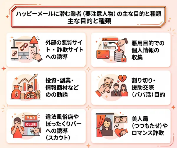 ハッピーメールに潜む業者(要注意人物)の主な目的と種類