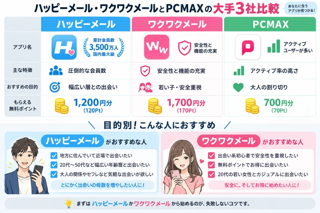 ハッピーメール・ワクワクメールとPCMAXの大手3社比較