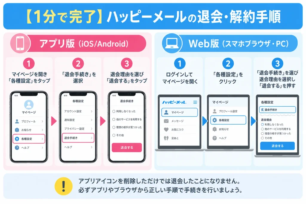 【1分で完了】ハッピーメールの退会・解約手順