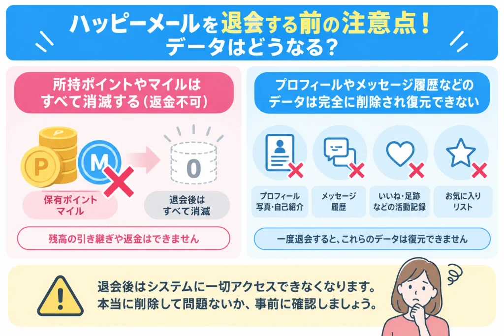 ハッピーメールを退会する前の注意点！データはどうなる？
